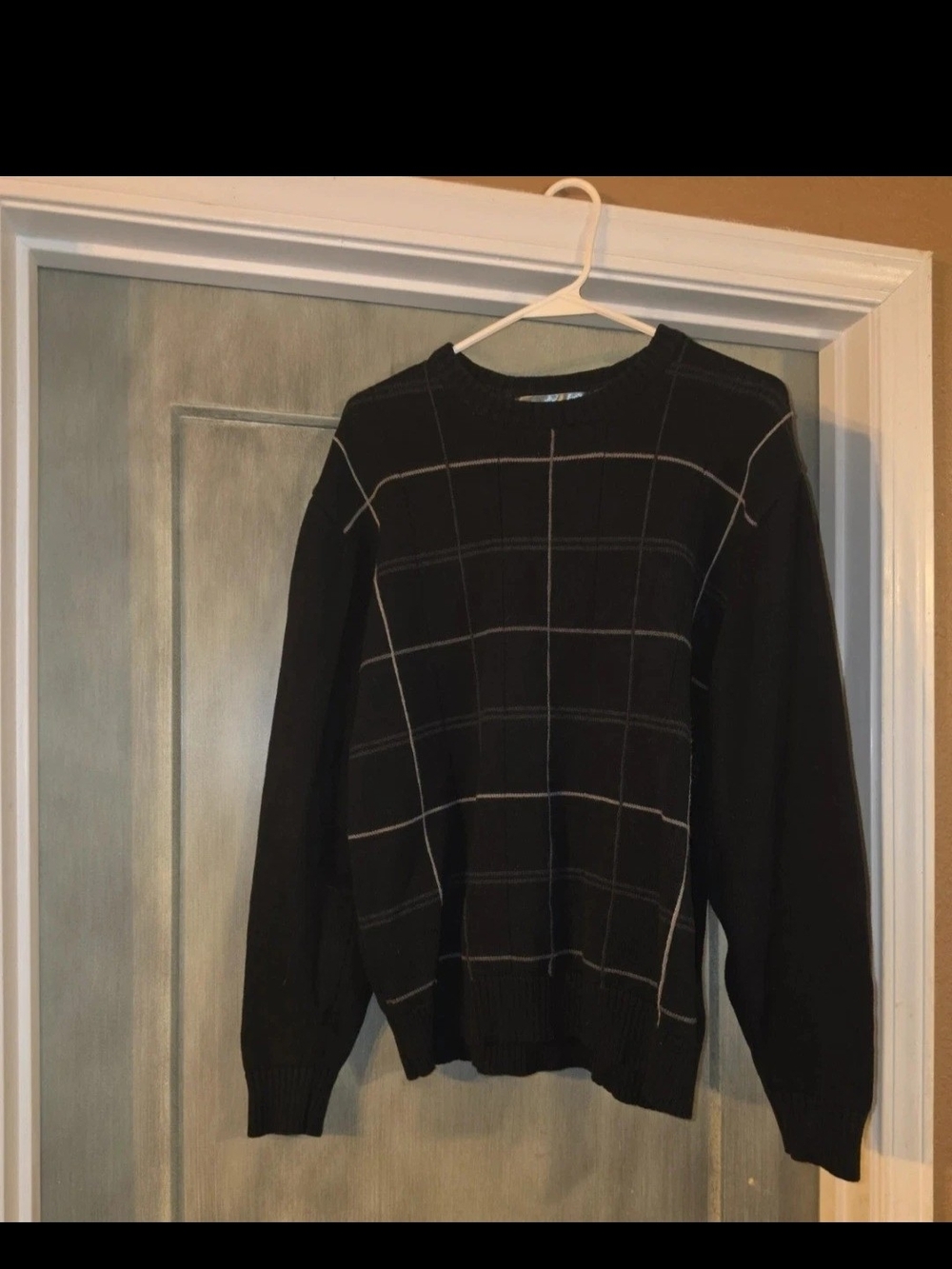 Oscar de la Renta Black Crewneck Sweater with Windowpane Grid